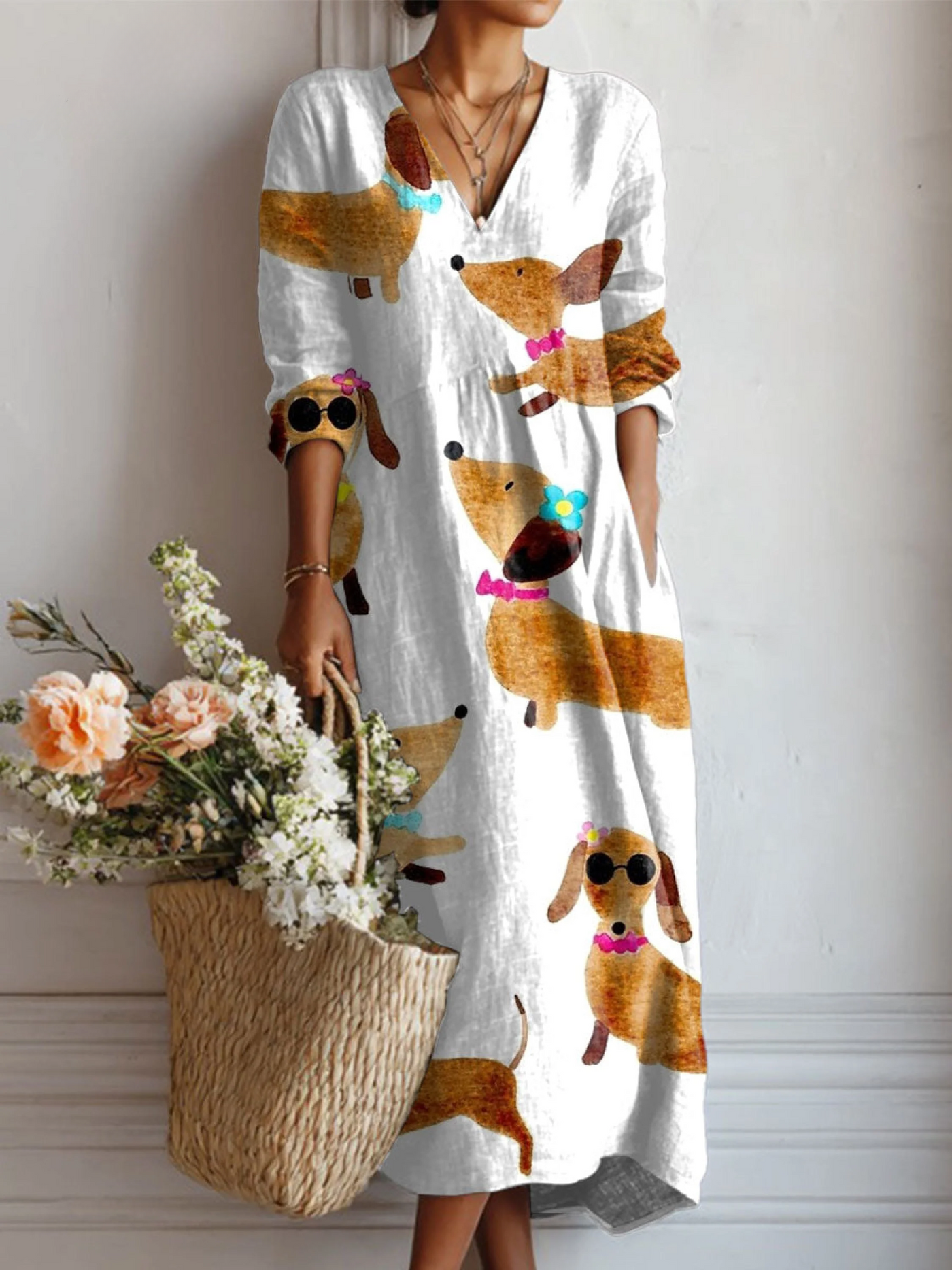Women's Vintage Dachshund Art Print Pocket Dress
