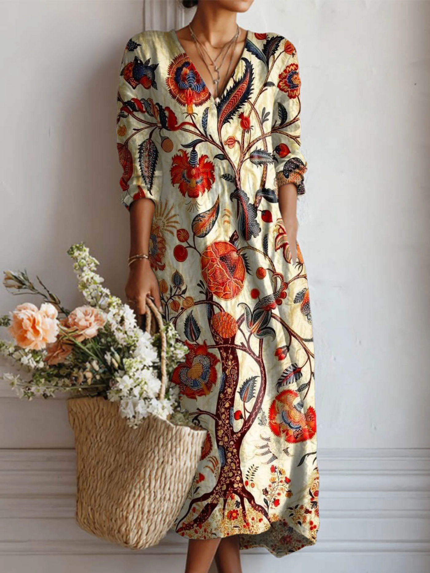 Women's Vintage Floral Pattern Art Print Pocket Dress